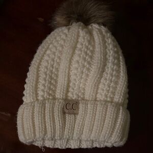 CC Boutique Cream Knit Kids Hat with Brown Pom